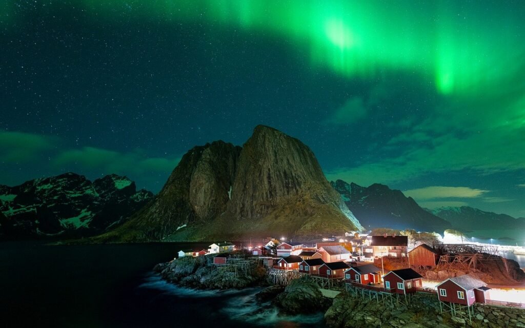 landscape, nature, norway, lofoten, fjord, scandinavia, northern lights, night, aurora, bridge, lantern, lamp, light, hamnoy